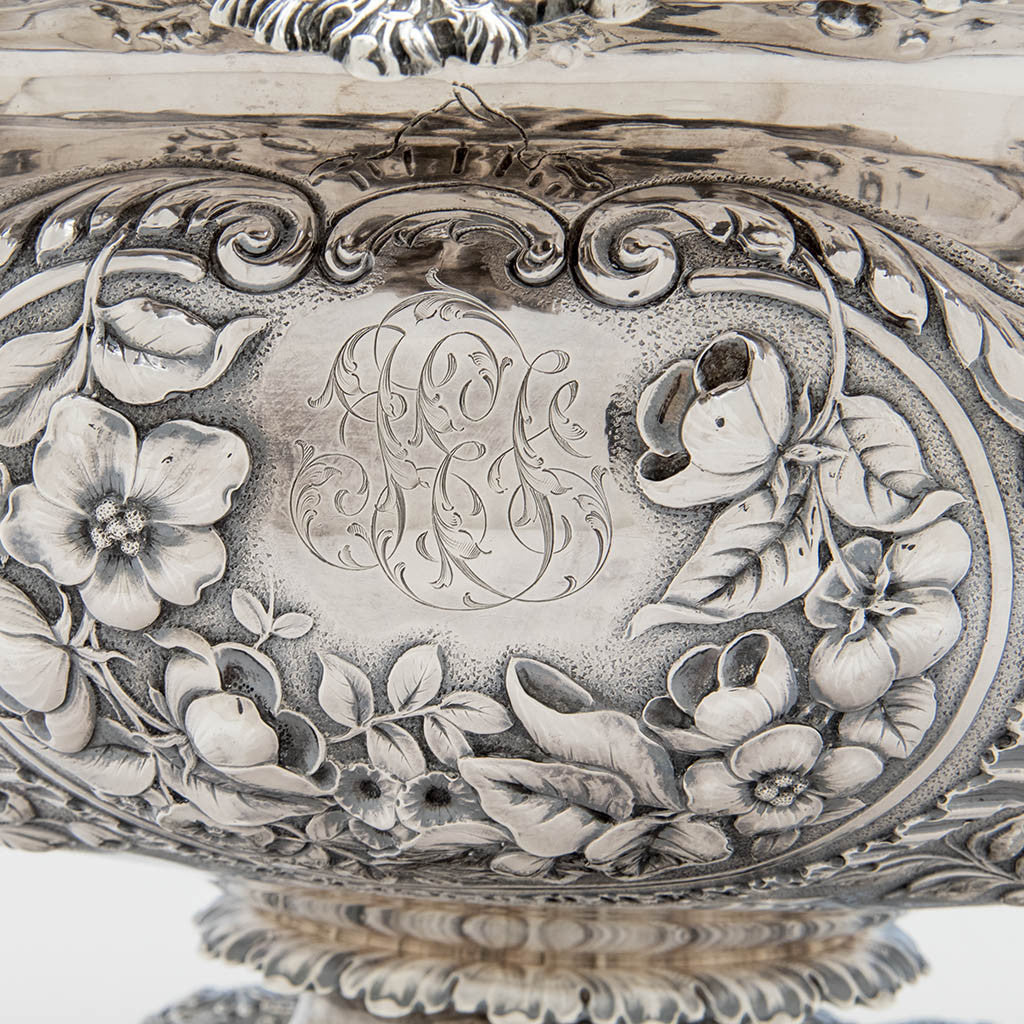 Cartouche detail Gorham Antique Sterling Silver Massive Punch Bowl, Providence, RI, 1886