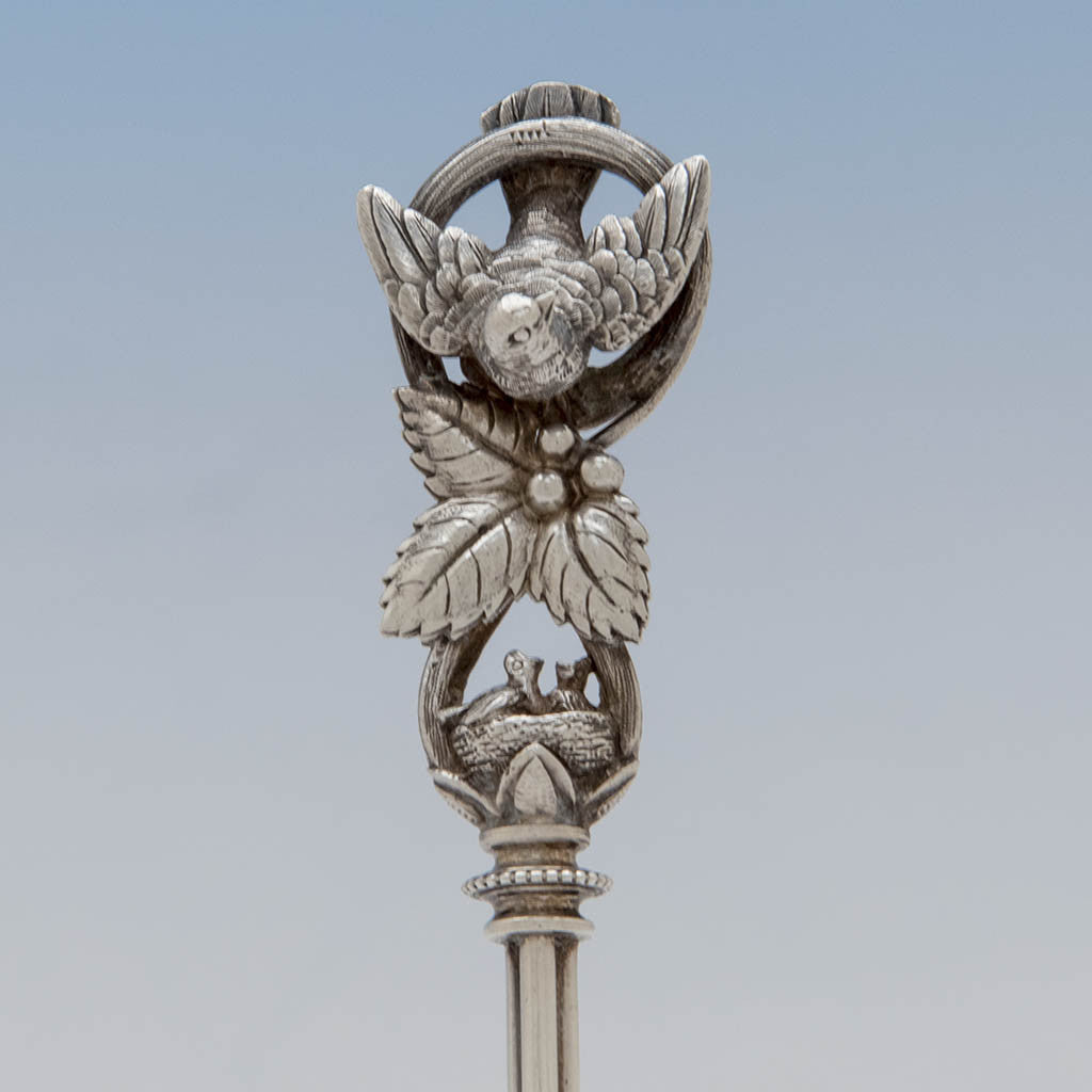 Handle detail on the Whiting (attr) Bird Design Antique Sterling Silver Serving Spoon, c. 1870