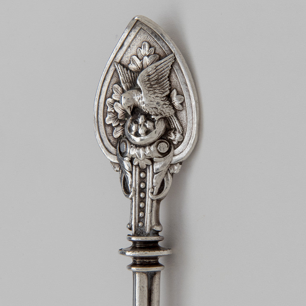 Handle on the Pair of Whiting Mfg Co &#39;Bird on Nest&#39; Aesthetic Movement Antique Sterling Silver Master Butter Knives, North Attleboro, MA, or New York Cit, c. 1870&#39;s