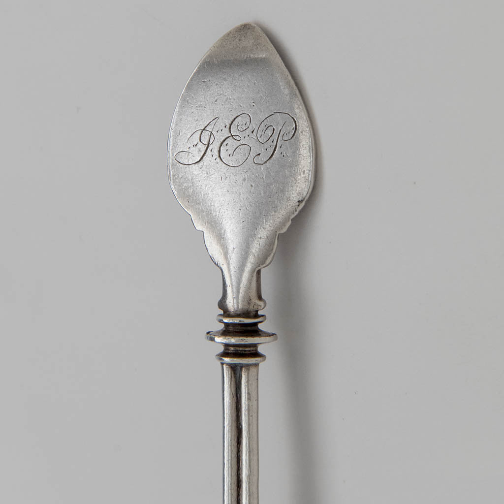 Monogram on Pair of Whiting Mfg Co &#39;Bird on Nest&#39; Aesthetic Movement Antique Sterling Silver Master Butter Knives, North Attleboro, MA, or New York Cit, c. 1870&#39;s