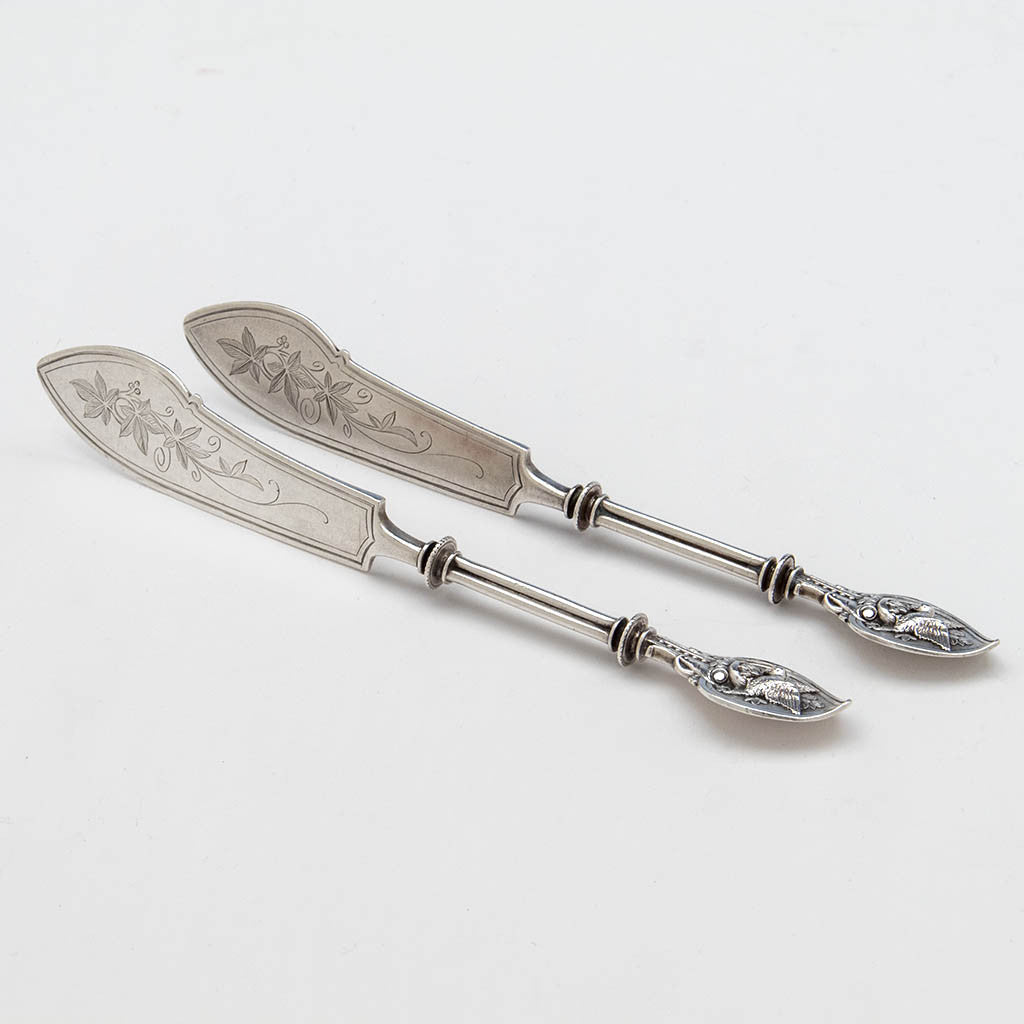 Pair of Whiting Mfg Co 'Bird on Nest' Aesthetic Movement Antique Sterling Silver Master Butter Knives, North Attleboro, MA, or New York City, c. 1870's