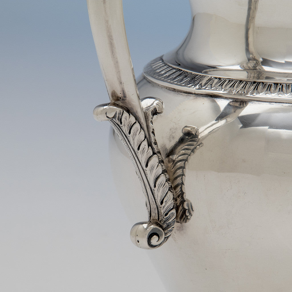 Foliage on handle of Thomas Fletcher (attributed) American Classical Silver Water Pitcher retailed by Baldwin Gardiner, New York, c. 1835-40