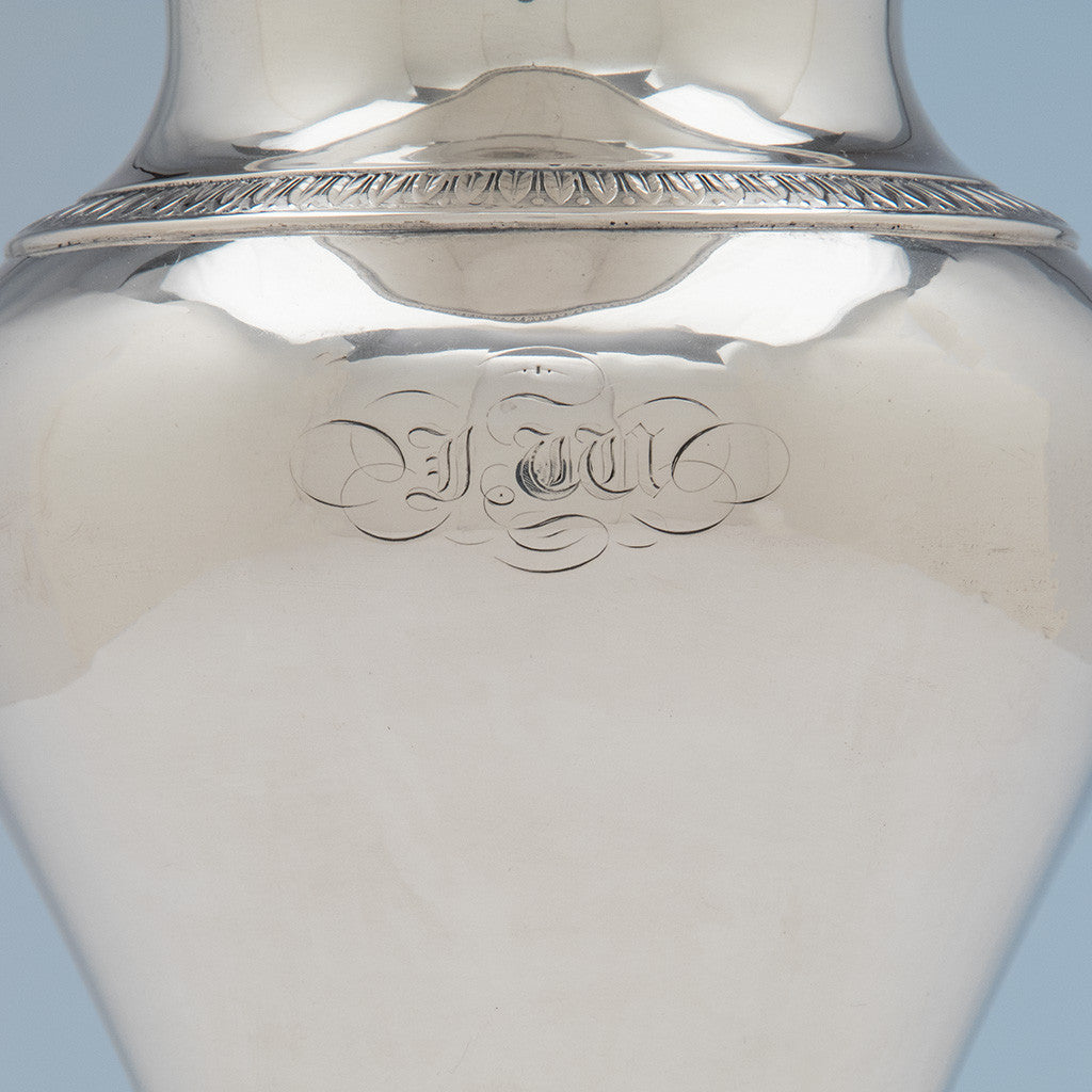 Monogram on Thomas Fletcher (attributed) American Classical Silver Water Pitcher retailed by Baldwin Gardiner, New York, c. 1835-40