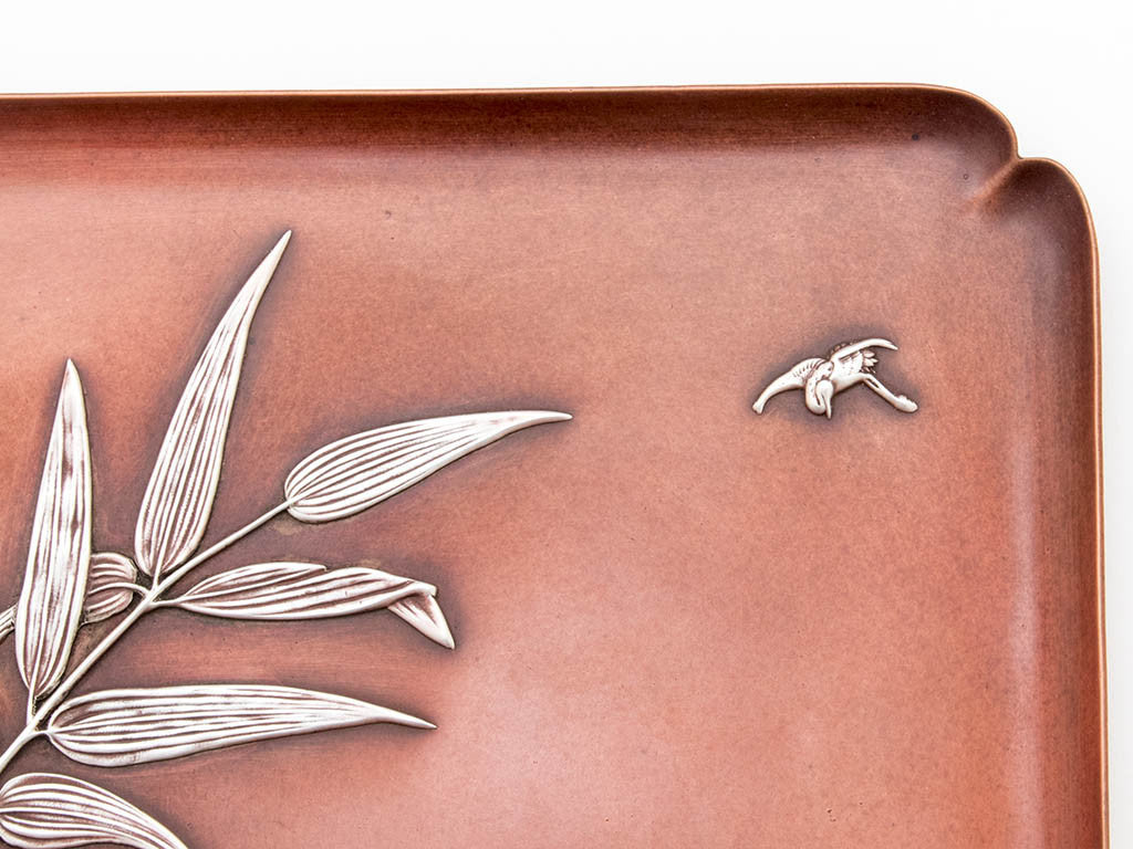 Crane on Gorham Antique Mixed Metal Square Tray, Providence, RI, 1882