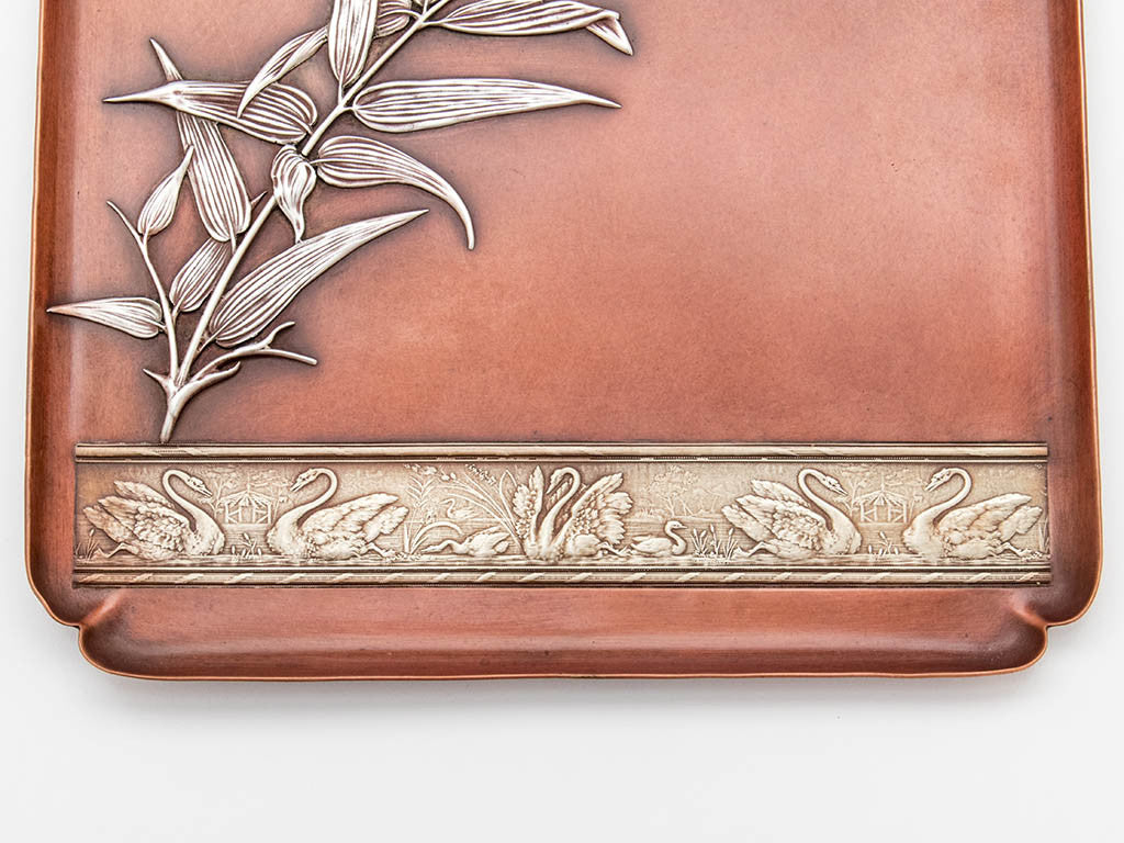 Plant and ban on Gorham Antique Mixed Metal Square Tray, Providence, RI, 1882