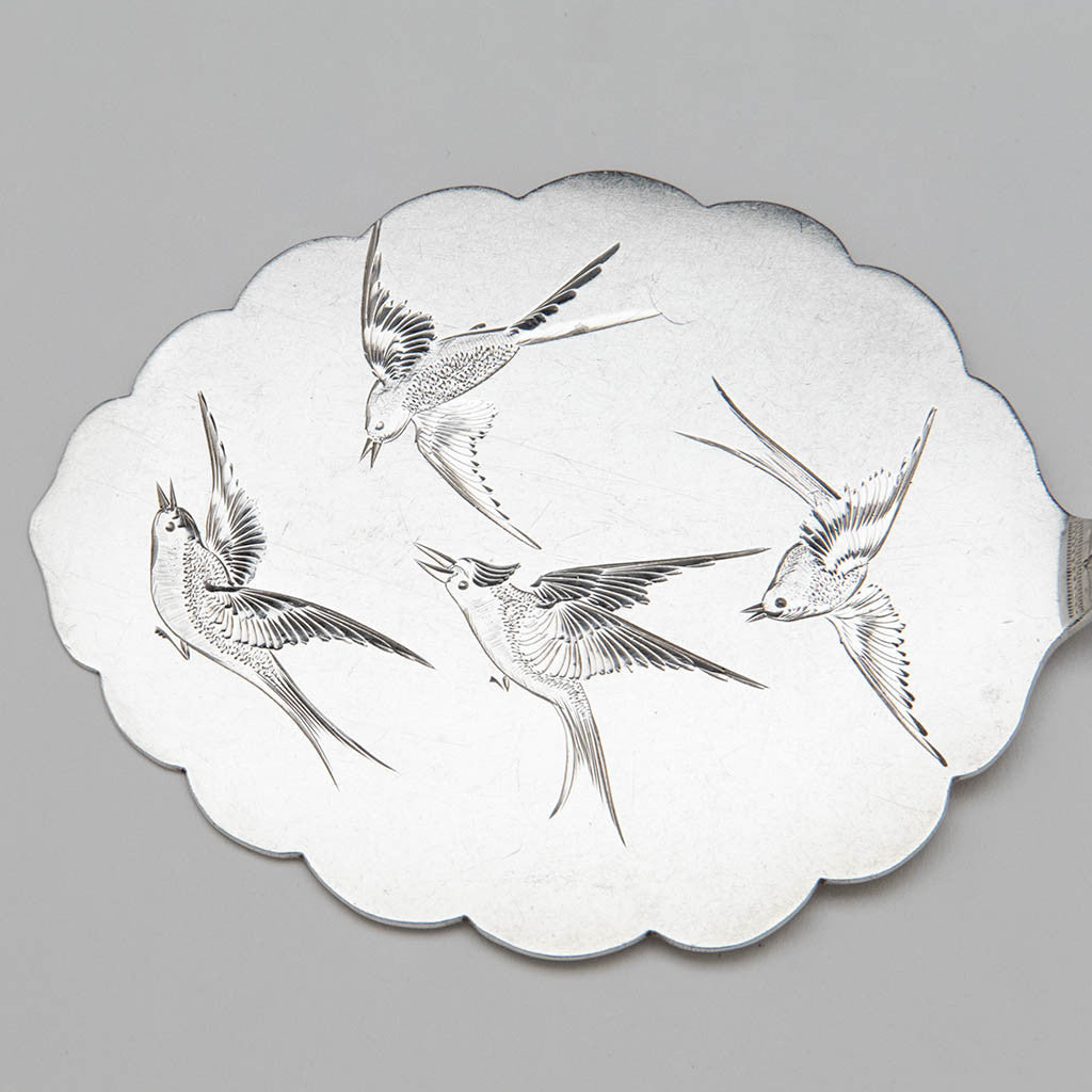 Server detail with birds J. E. Caldwell Antique Sterling Silver Buckwheat Pancake or Pastry Server, Philadelphia, c. 1880