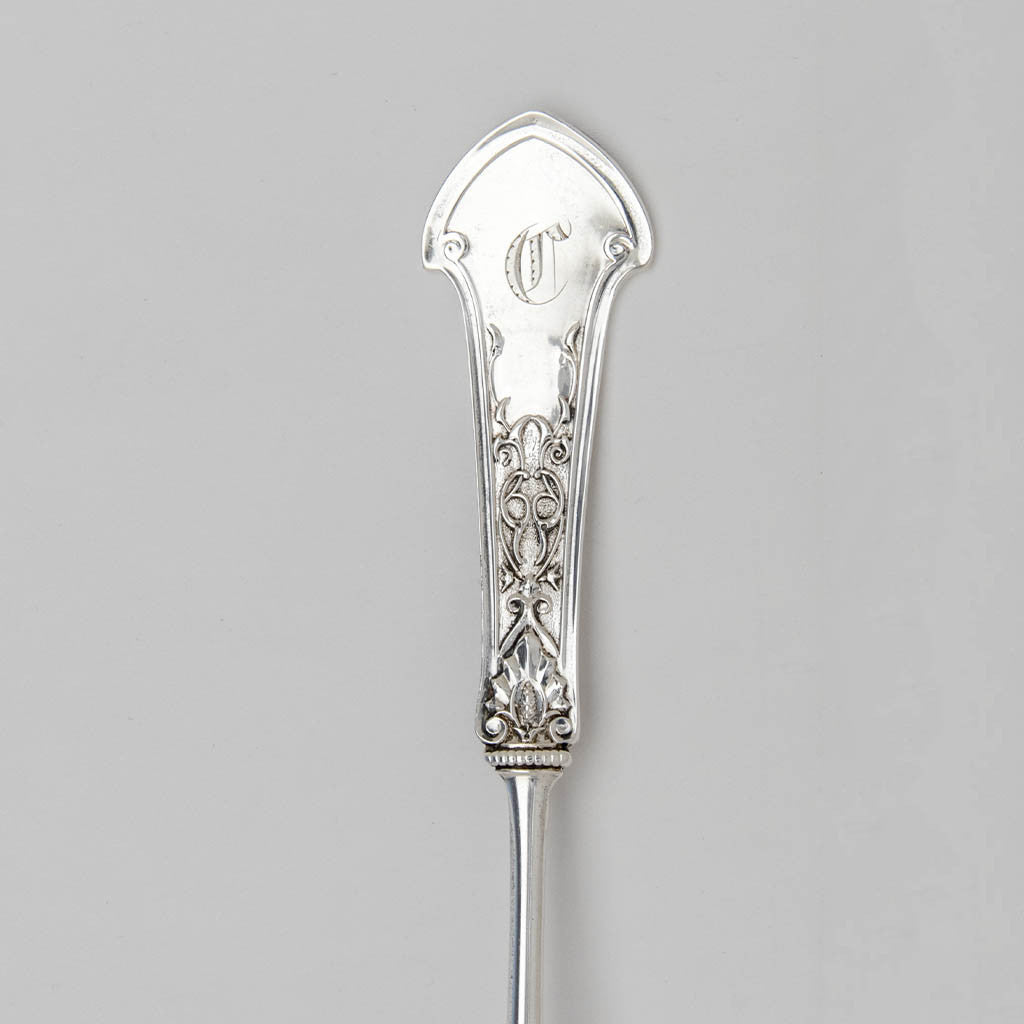 Handle of Gorham &#39;Corinthian&#39; Pattern Antique Sterling Silver &#39;Macaroni&#39; or Pasta Server, Providence, RI, c. 1870&#39;s