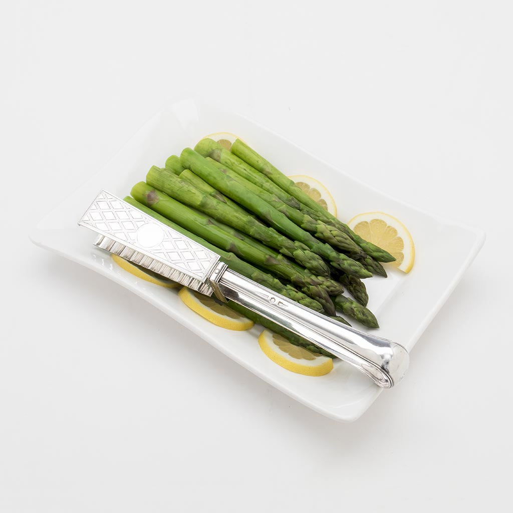 Pavel Sazikov Antique Russian Silver Asparagus Tongs, Moscow, 1846 on platter