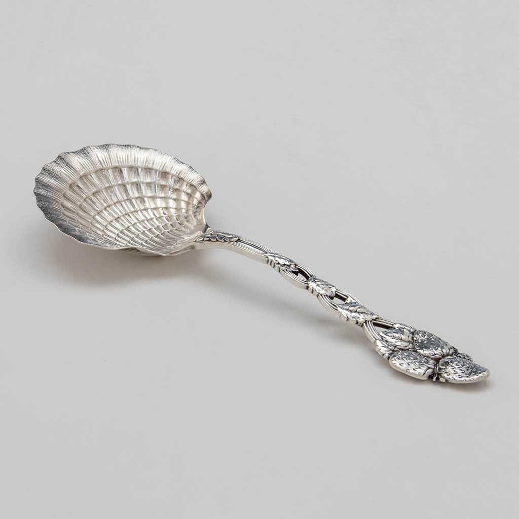 Tiffany &amp; Co. &#39;Strawberry&#39; Pattern Antique Sterling Silver Scallop Shell Bowl Serving Spoon, c. 1900
