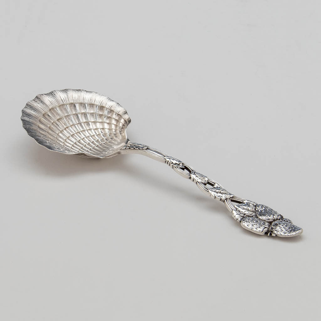 Tiffany & Co. 'Strawberry' Pattern Antique Sterling Silver Scallop Shell Bowl Serving Spoon, c. 1900