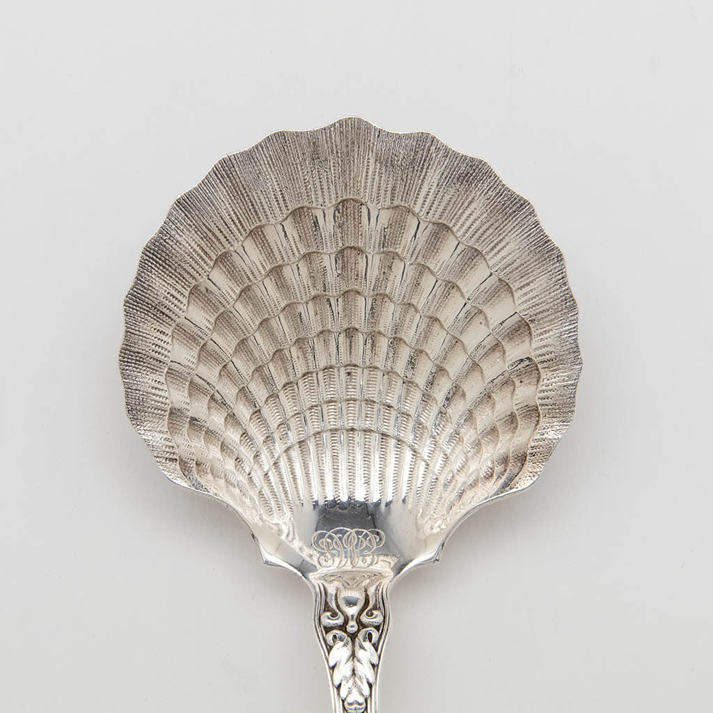 Bowl front on Tiffany &amp; Co. &#39;Strawberry&#39; Pattern Antique Sterling Silver Scallop Shell Bowl Serving Spoon, c. 1900