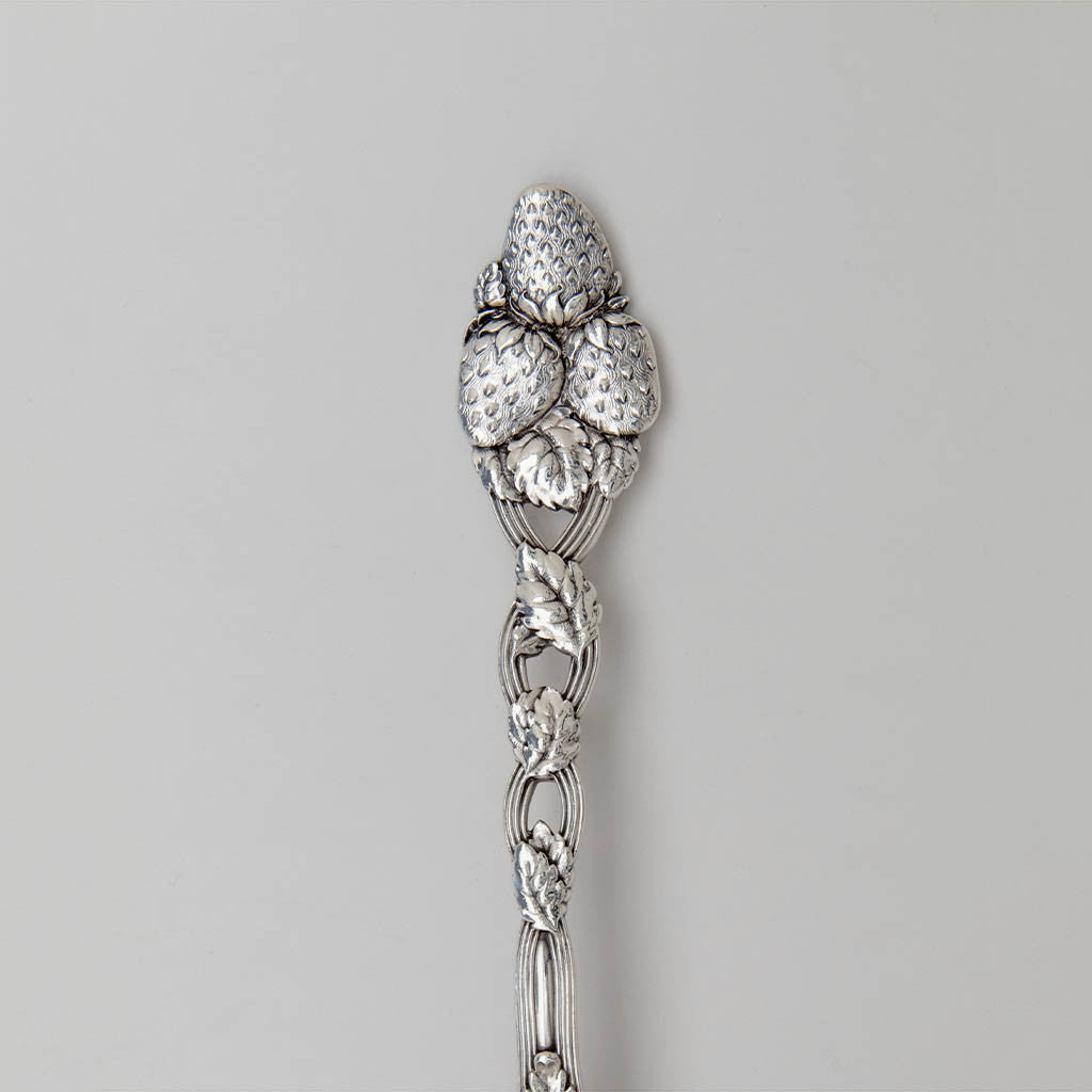 Handle detail on Tiffany &amp; Co. &#39;Strawberry&#39; Pattern Antique Sterling Silver Scallop Shell Bowl Serving Spoon, c. 1900