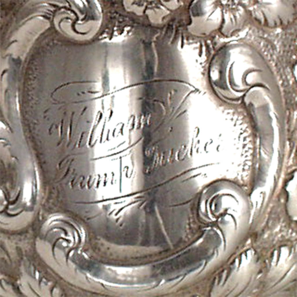 Cup inscription Andrew Ellicott Warner: The Tucker Family Tea and Coffee Service, Baltimore, c. 1840