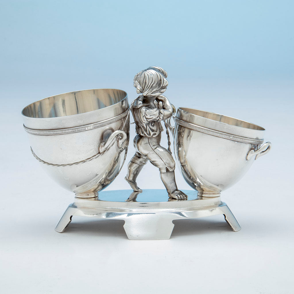 Back of Gorham Antique Sterling Silver Figural Dessert Cream &amp; Sugar Stand, Providence, RI, 1870