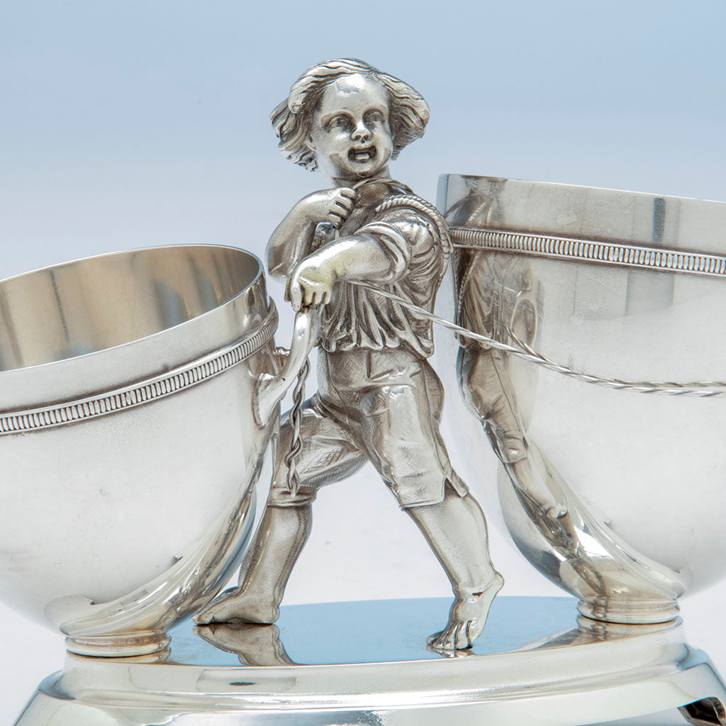 Detail of Gorham Antique Sterling Silver Figural Dessert Cream &amp; Sugar Stand, Providence, RI, 1870