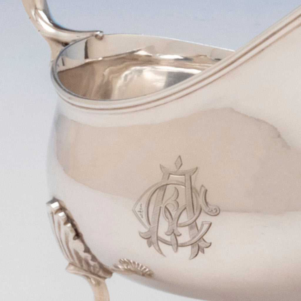 CA monogram on Obadiah Rich Coin Silver Figural Gravy Boat, Boston, MA, c. 1840s