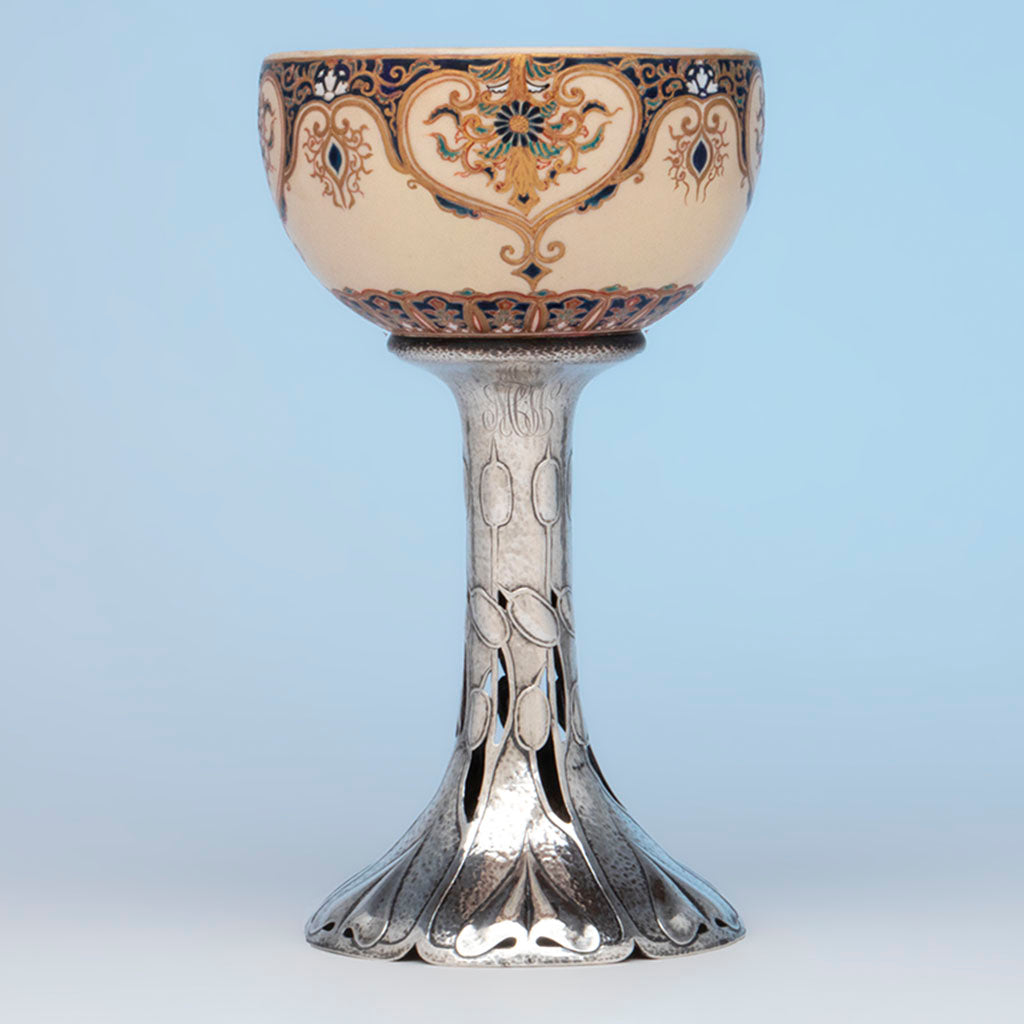 Shreve & Co Art Nouveau Sterling and Satsuma Pottery Large Compote, San Francisco, CA, c. 1900
