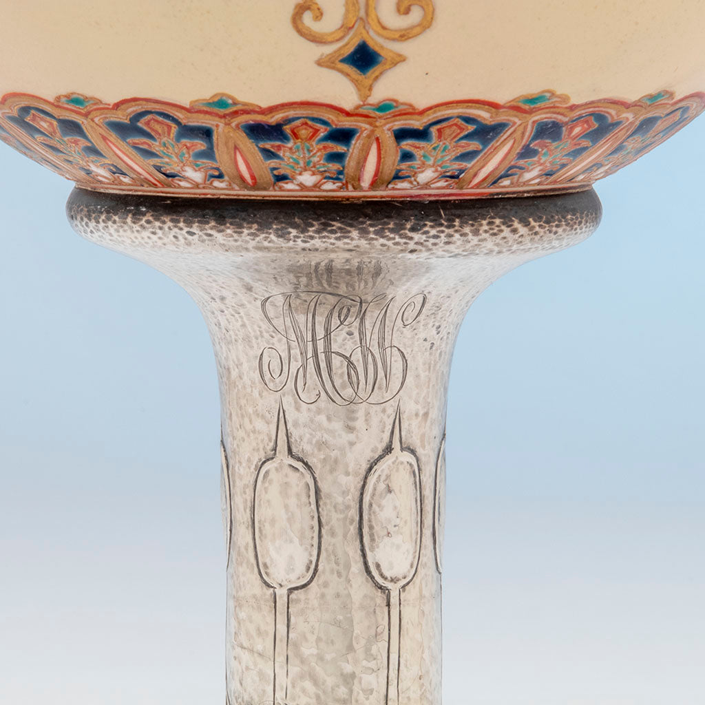 Monogram on Shreve &amp; Co Art Nouveau Sterling and Satsuma Pottery Large Compote, San Francisco, CA, c. 1900