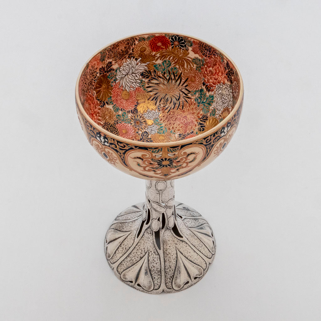 Top view of Shreve &amp; Co Art Nouveau Sterling and Satsuma Pottery Large Compote, San Francisco, CA, c. 1900