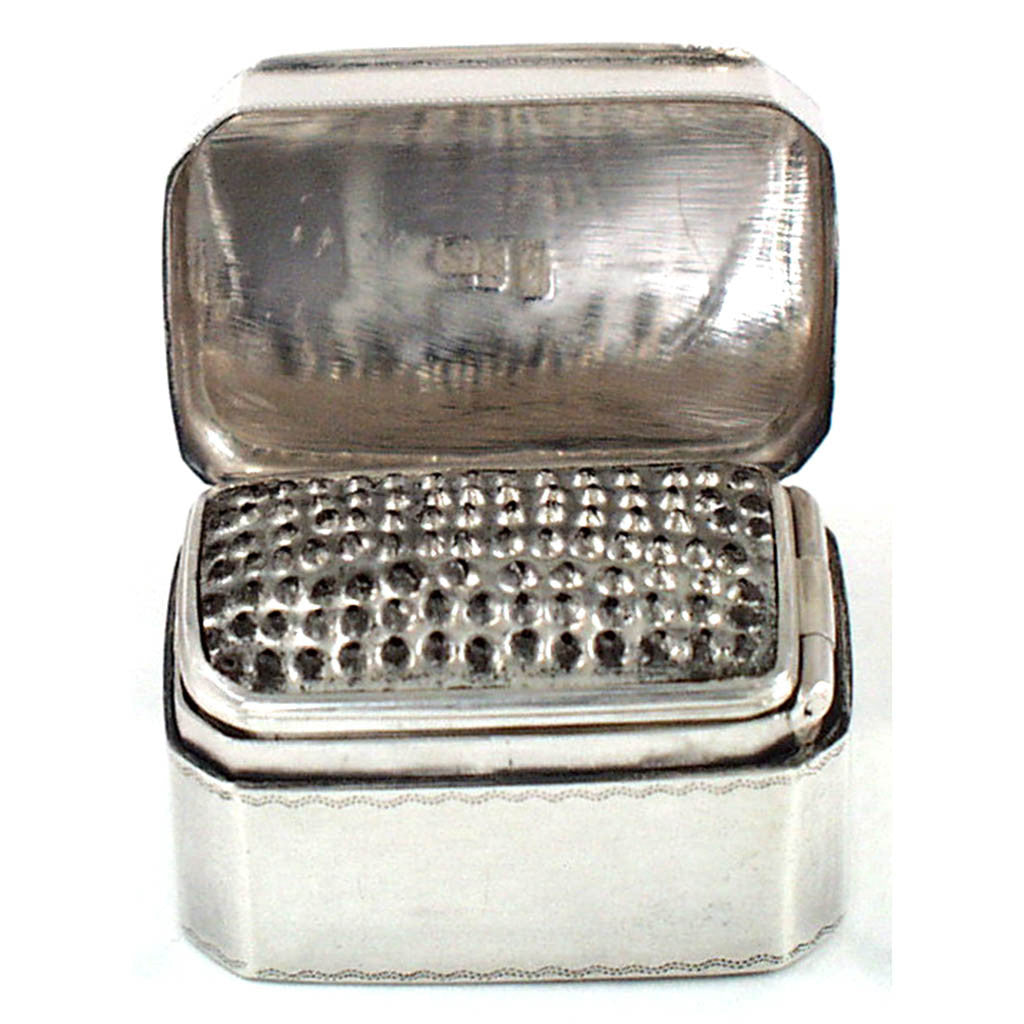 Lid open on the Samuel Kirk 11oz Silver Nutmeg Grater, Baltimore, c. 1830&#39;s