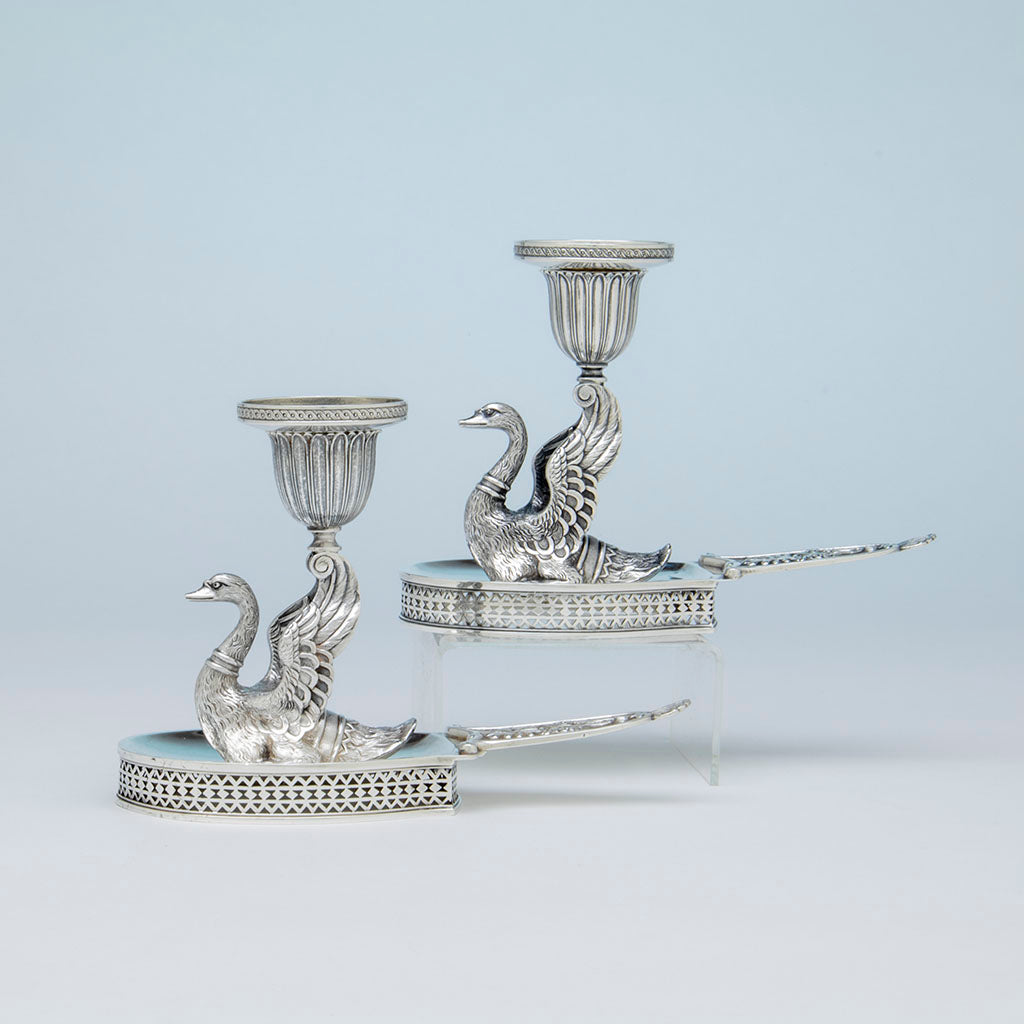 J.E. Caldwell Antique Sterling Silver Swan Candlesticks, Philadelphia, PA, c. 1865