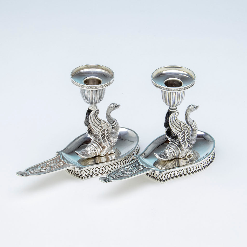 Back view of J.E. Caldwell Antique Sterling Silver Swan Taper Sticks, Philadelphia, PA, c. 1865