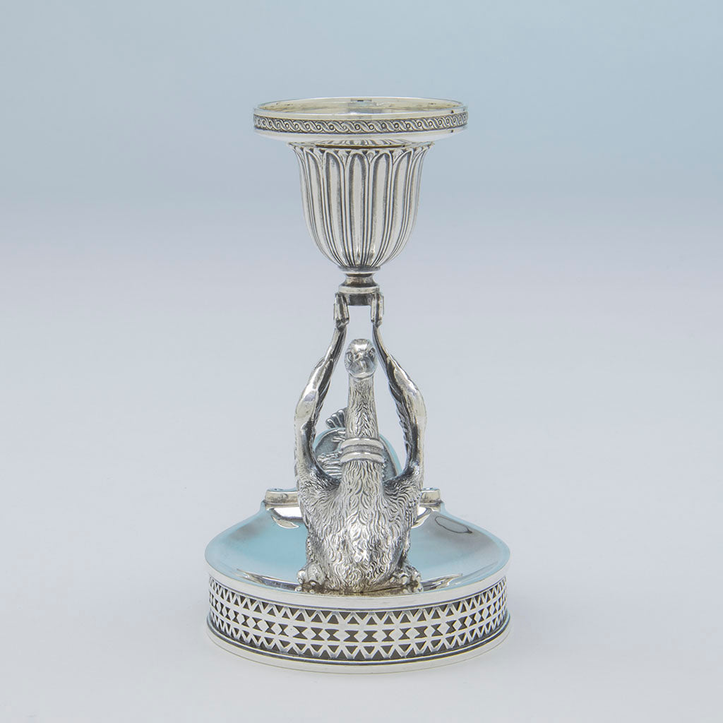 Front view of J.E. Caldwell Antique Sterling Silver Swan Taper Sticks, Philadelphia, PA, c. 1865
