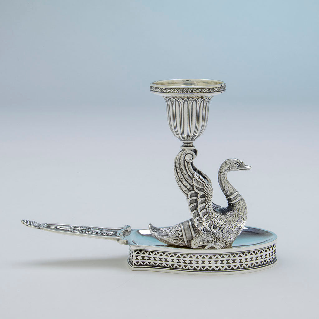 Profile of J.E. Caldwell Antique Sterling Silver Swan Taper Sticks, Philadelphia, PA, c. 1865