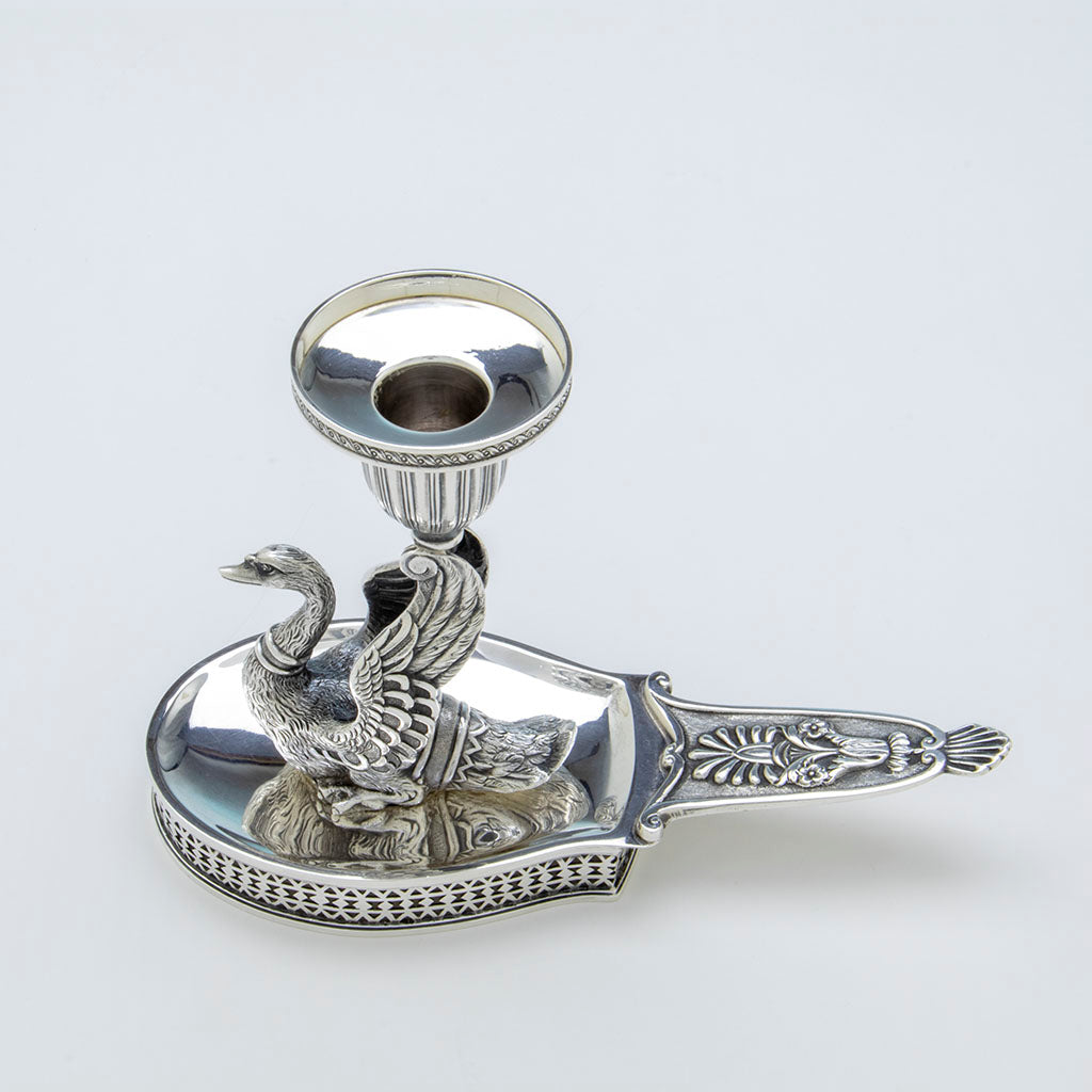 Top view of J.E. Caldwell Antique Sterling Silver Swan Taper Sticks, Philadelphia, PA, c. 1865