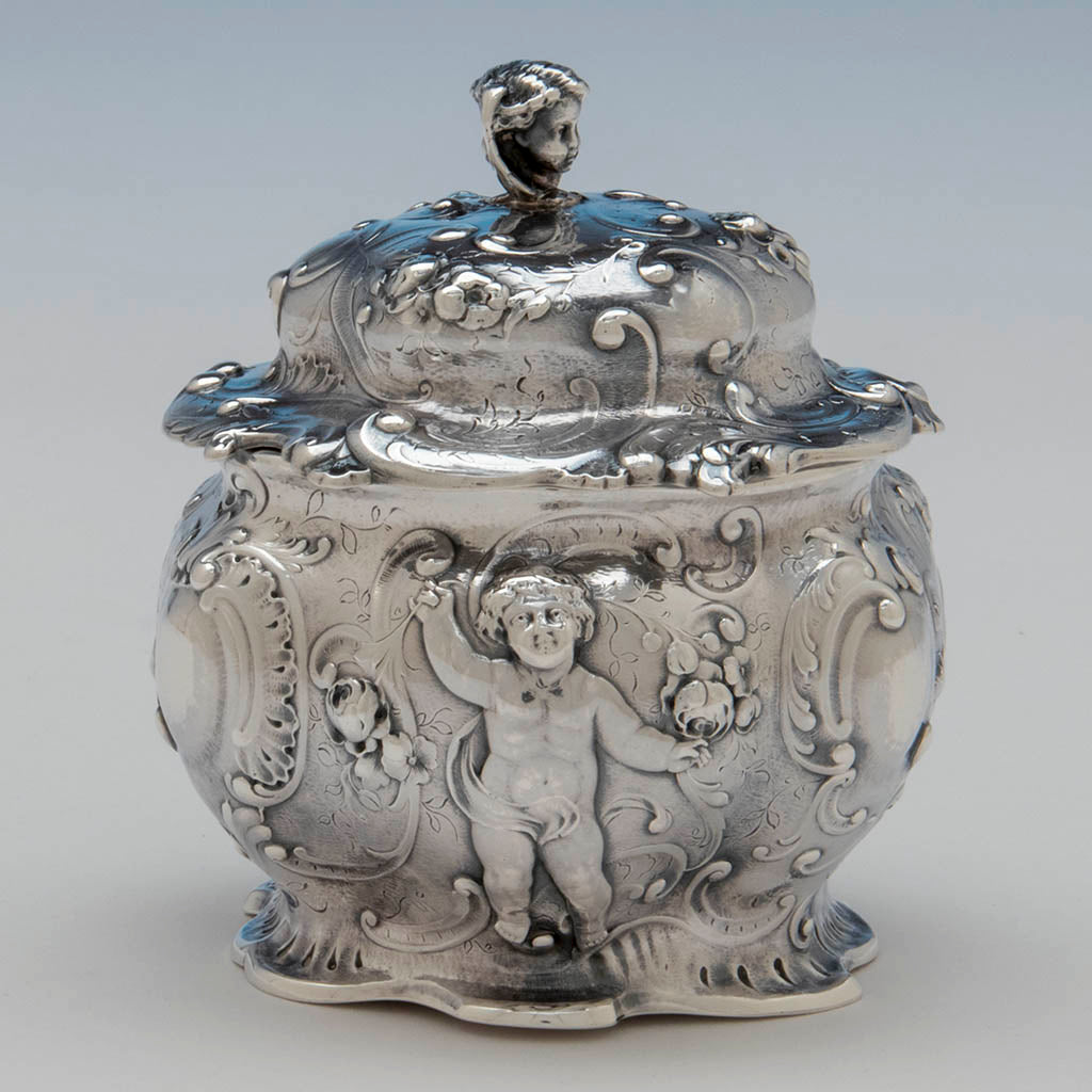 Cherub on Gorham Sterling Figural Puff Box, Providence, RI, made for the Columbian Exposition, 1893
