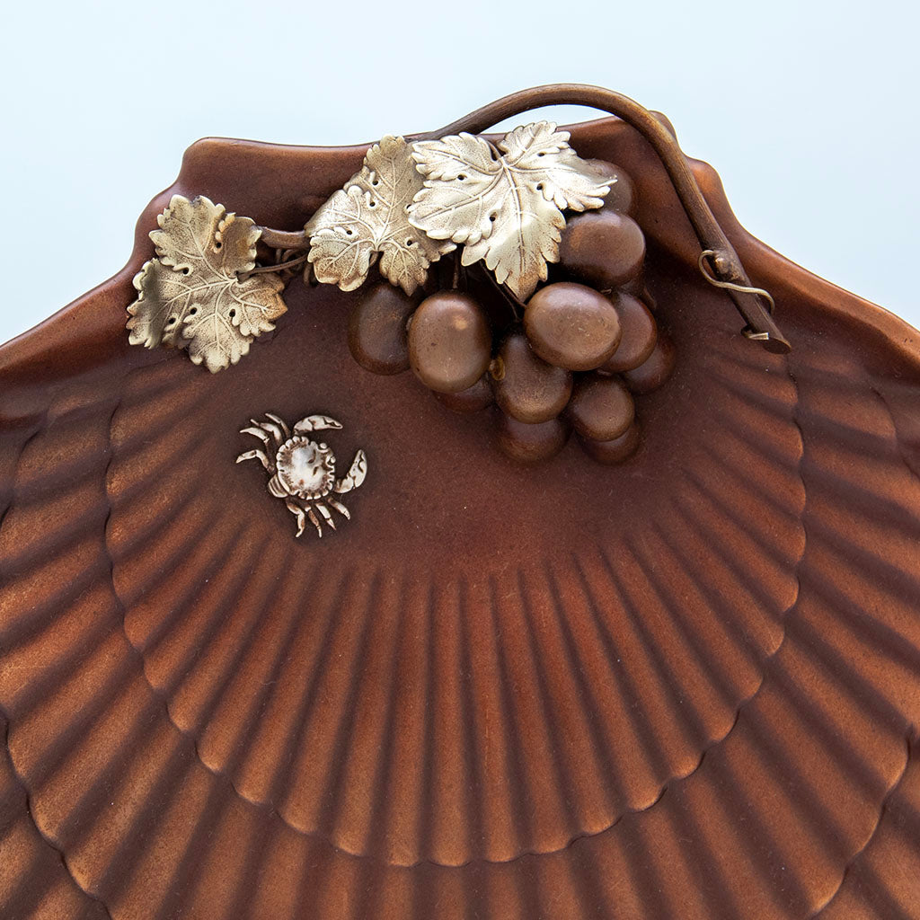 Appliques detail of Gorham Copper &amp; Other Metals Shell Grape Dish, Providence, RI, c. 1882