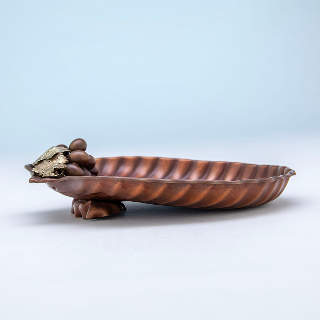 Side view of Gorham Copper &amp; Other Metals Shell Grape Dish, Providence, RI, c. 1882