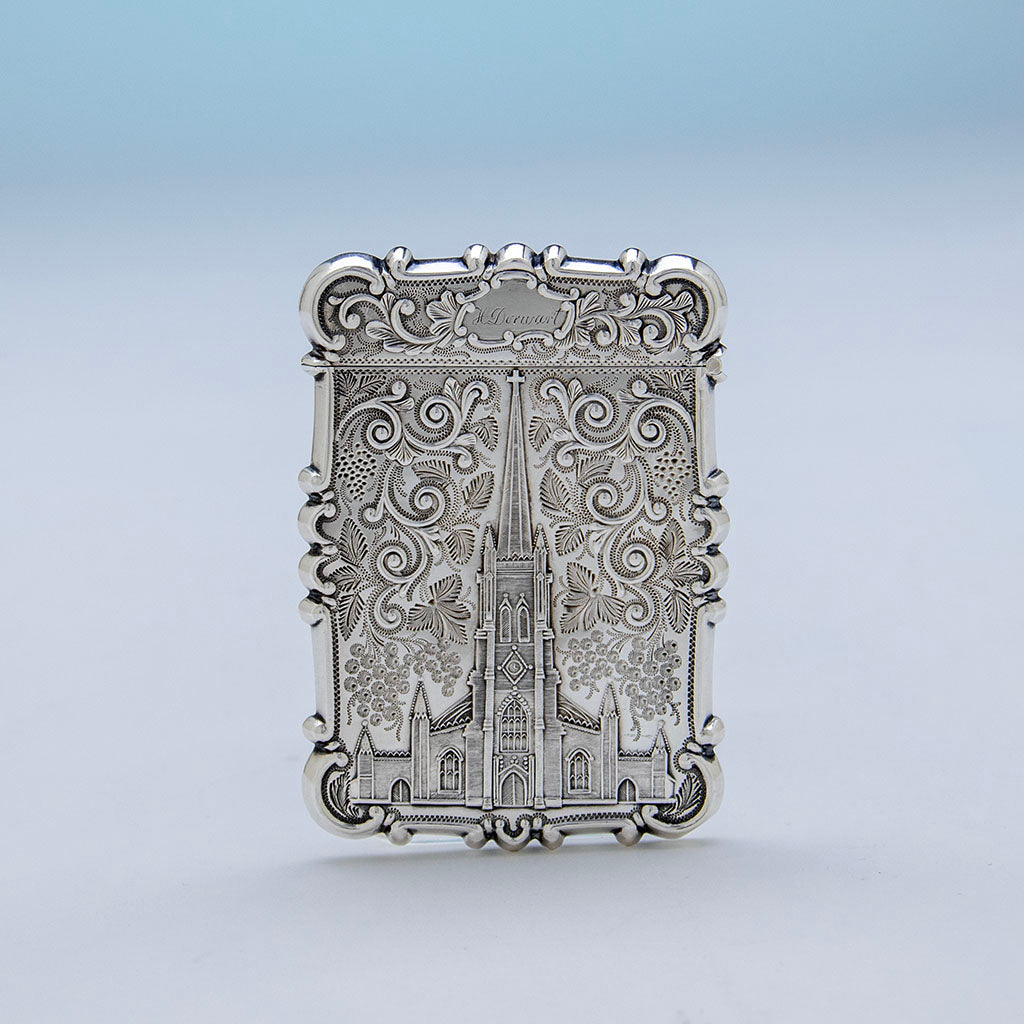 Trinity Church of American Coin Silver Philadelphia Water Works/ Trinity Church Card Case, c. 1850