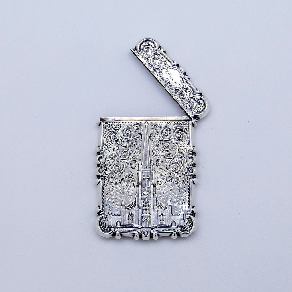 Opent American Coin Silver Philadelphia Water Works/ Trinity Church Card Case, c. 1850