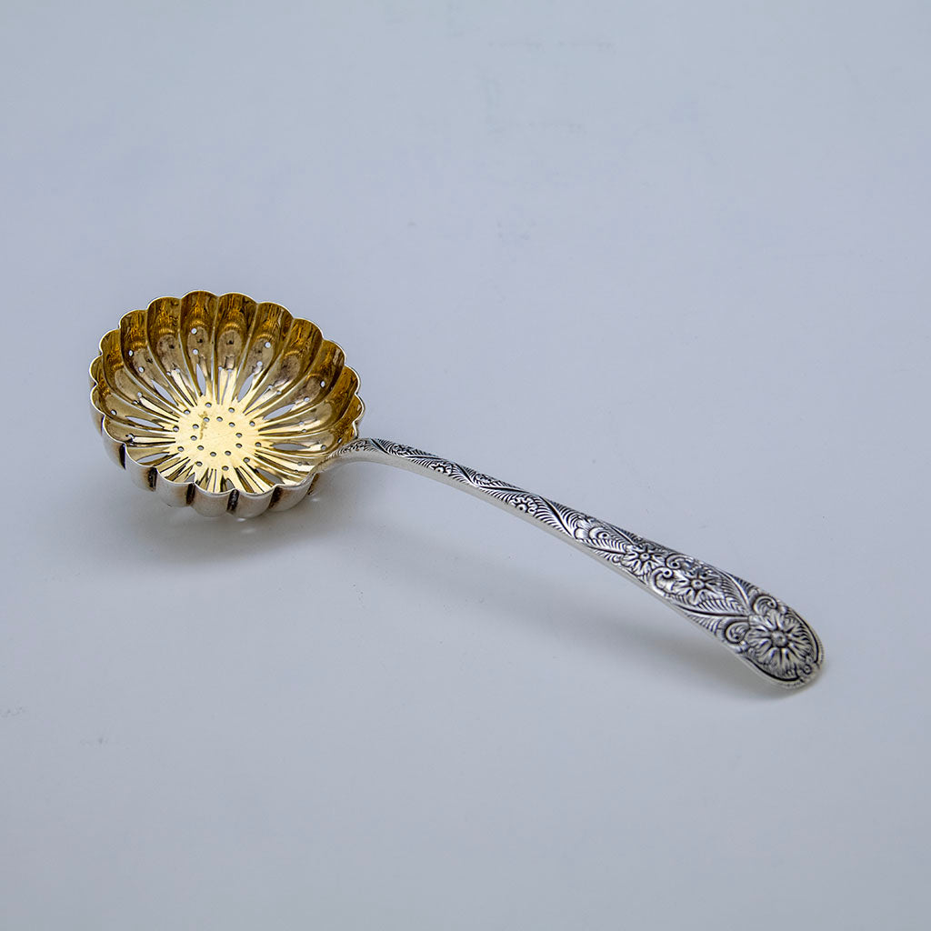 Tiffany & Co. 'Custom Engraved' Pattern Antique Sterling Silver Large Sifter/ Server, NYC, NY, late 1870s