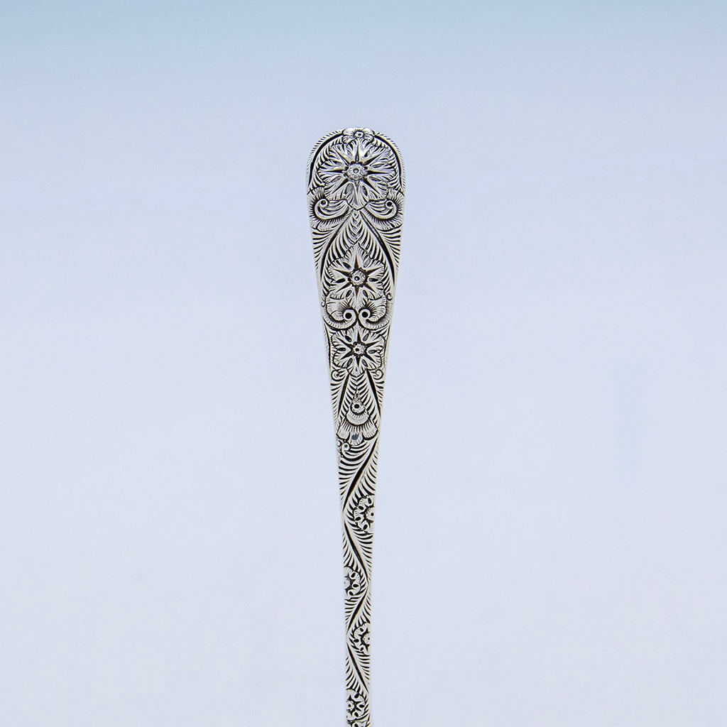 Handle to Tiffany &amp; Co. &#39;Custom Engraved&#39; Pattern Antique Sterling Silver Large Sifter/ Server, NYC, NY, late 1870s
