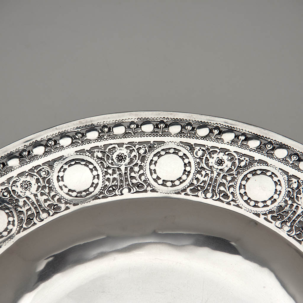 Border detail on the Mary Catherine Knight Hand Wrought Arts &amp; Crafts Pierced Sterling Silver Plate, Boston, MA c. 1915