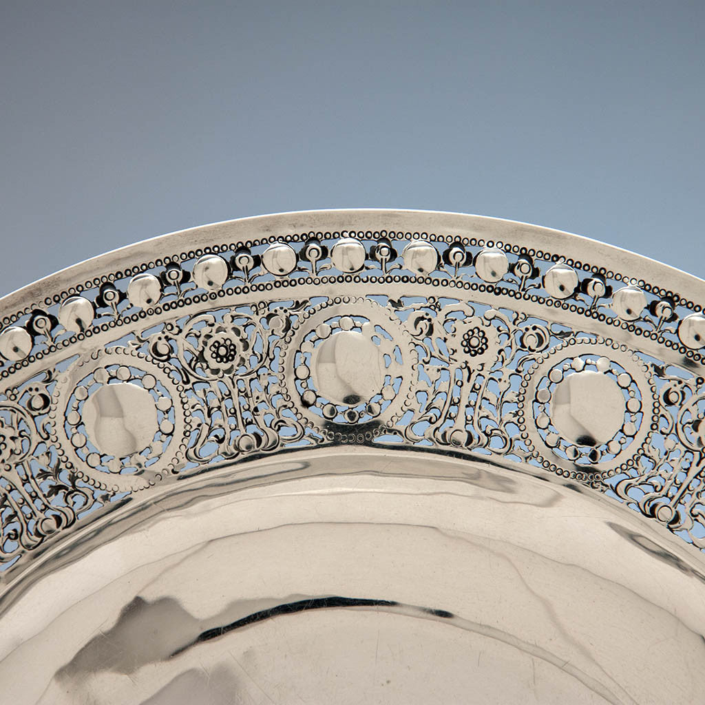 Border detail on the Mary Catherine Knight Hand Wrought Arts &amp; Crafts Pierced Sterling Silver Plate, Boston, MA c. 1915