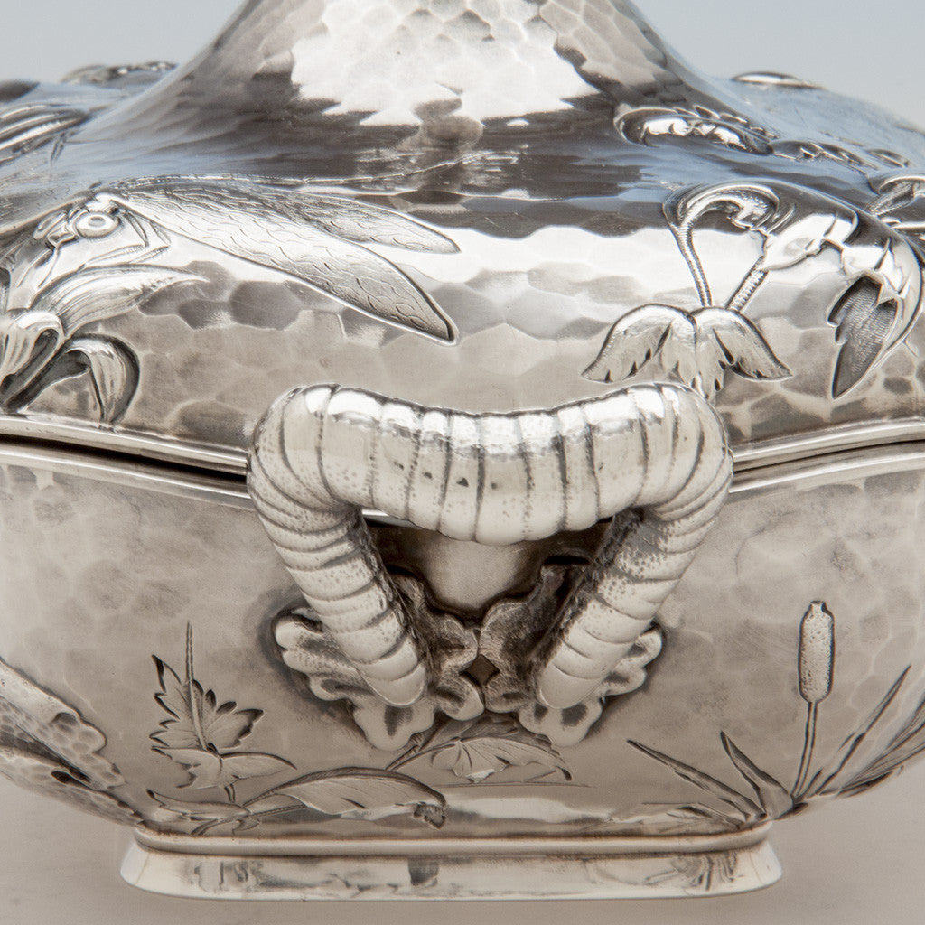 Handle detail Dominick &amp; Haff (attr) Antique Sterling Silver Aesthetic Movement Covered Serving Dishes, New York City, NY, 1881