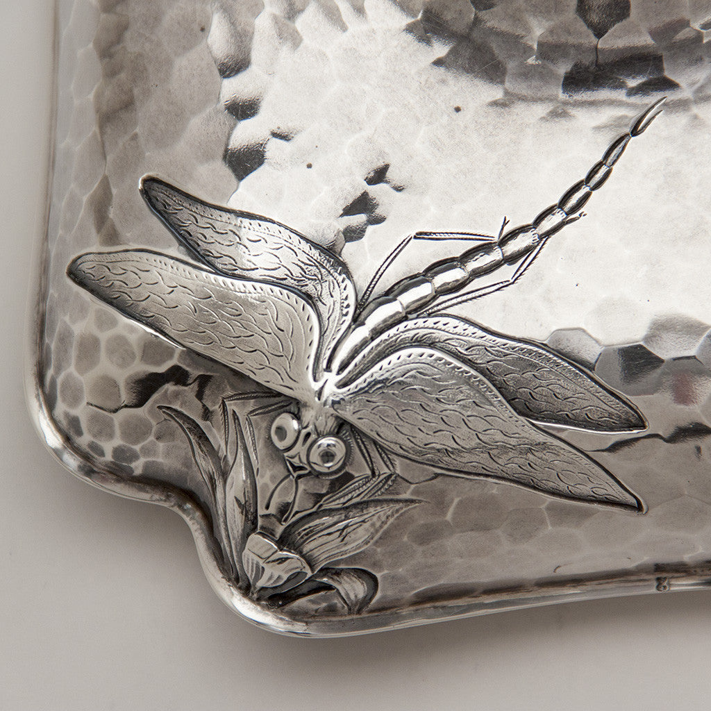 Dragonfly detail Dominick &amp; Haff (attr) Antique Sterling Silver Aesthetic Movement Covered Serving Dishes, New York City, NY, 1881