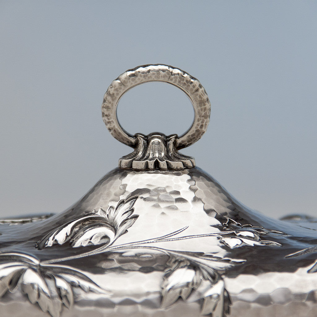Handle detail Dominick &amp; Haff (attr) Antique Sterling Silver Aesthetic Movement Covered Serving Dishes, New York City, NY, 1881