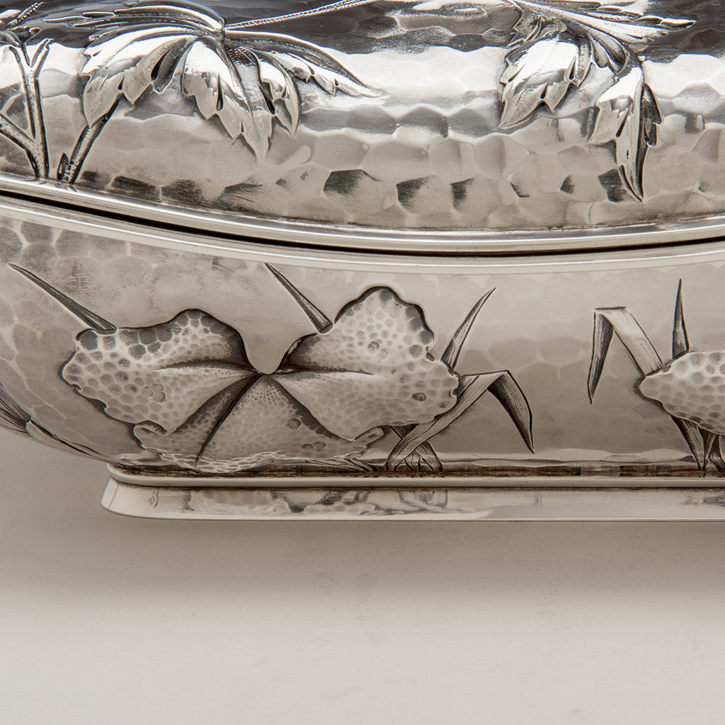 Foliage detail Dominick &amp; Haff (attr) Antique Sterling Silver Aesthetic Movement Covered Serving Dishes, New York City, NY, 1881