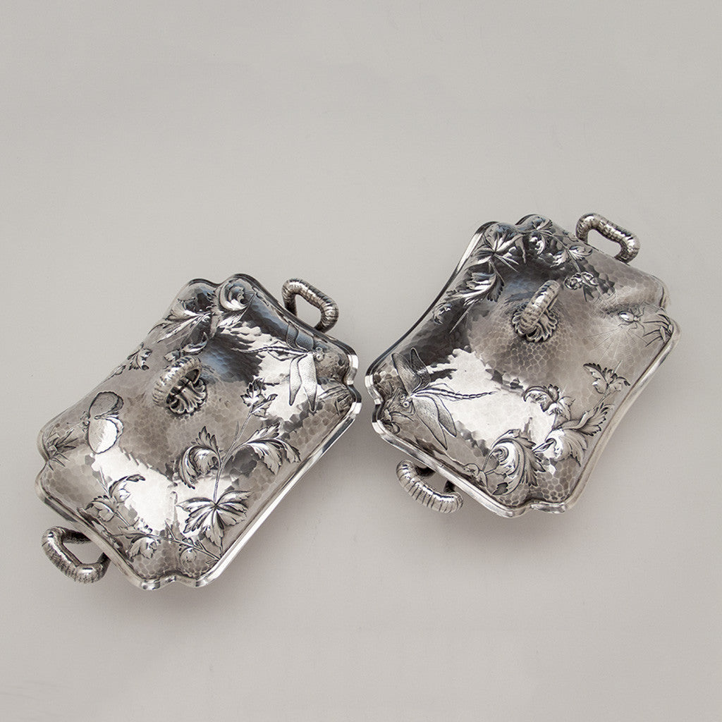 From above - Dominick &amp; Haff (attr) Antique Sterling Silver Aesthetic Movement Covered Serving Dishes, New York City, NY, 1881