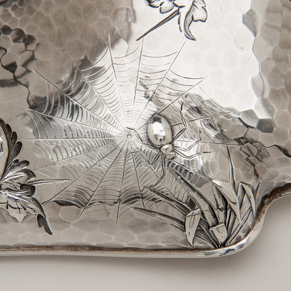 Spider Detail on Dominick &amp; Haff (attr) Antique Sterling Silver Aesthetic Movement Covered Serving Dishes, New York City, NY, 1881