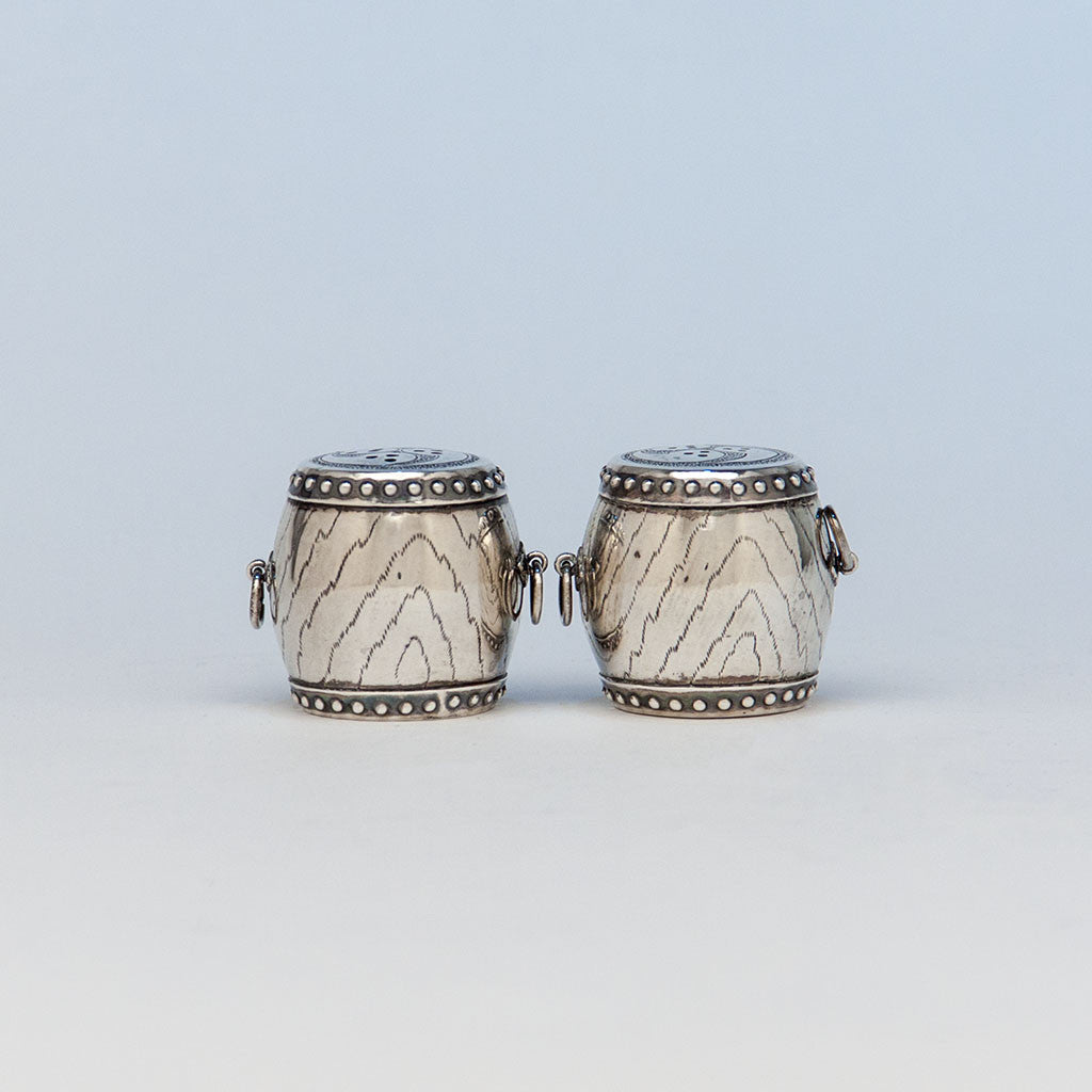 Pair of Japanese Sterling Silver Taiko Drum Salt and Pepper Shakers, mid 20th century