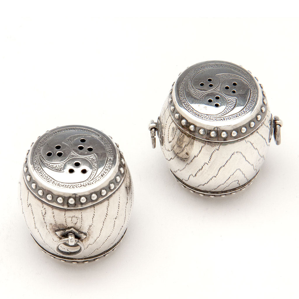 View from above of Pair of Japanese Sterling Silver Taiko Drum Salt and Pepper Shakers, mid 20th century