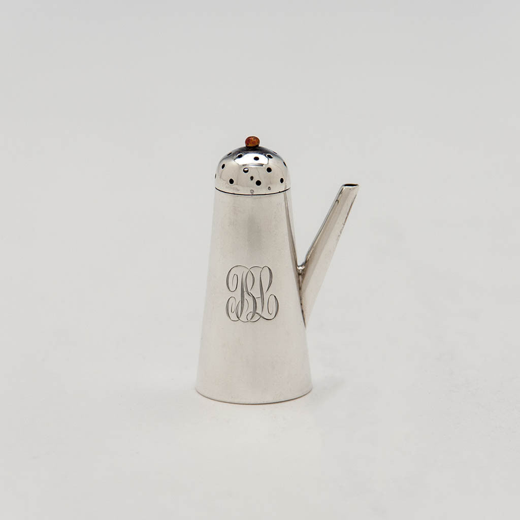 Mono side Shiebler Miniature Antique Sterling Silver and Enamel Coffee Pot/ Salt or Pepper Shaker, NYC, c. 1890