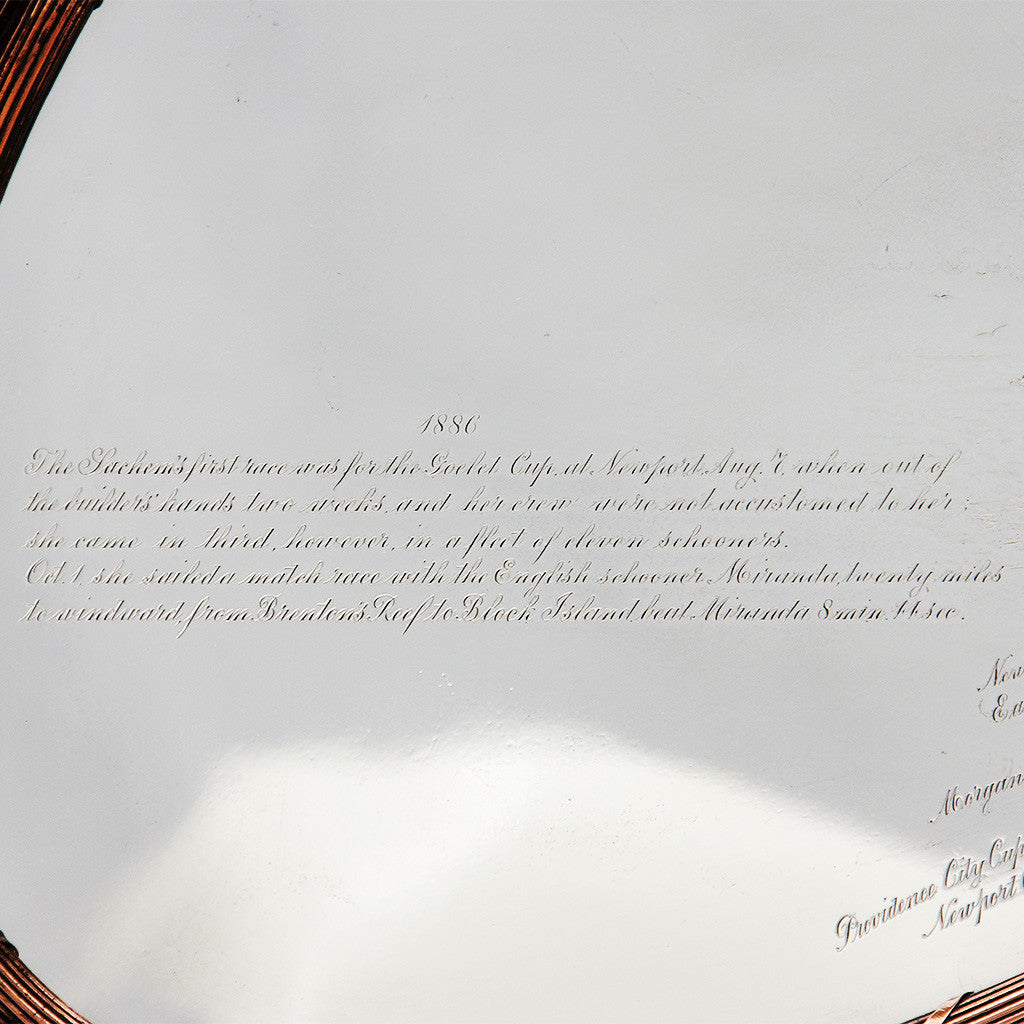 Engraving on Gorham Special Order Sterling and Mixed Metals Yacht Commemorative 'Fancy Waiter' or Tray, Providence, RI, 1889 - Record of the Sachem