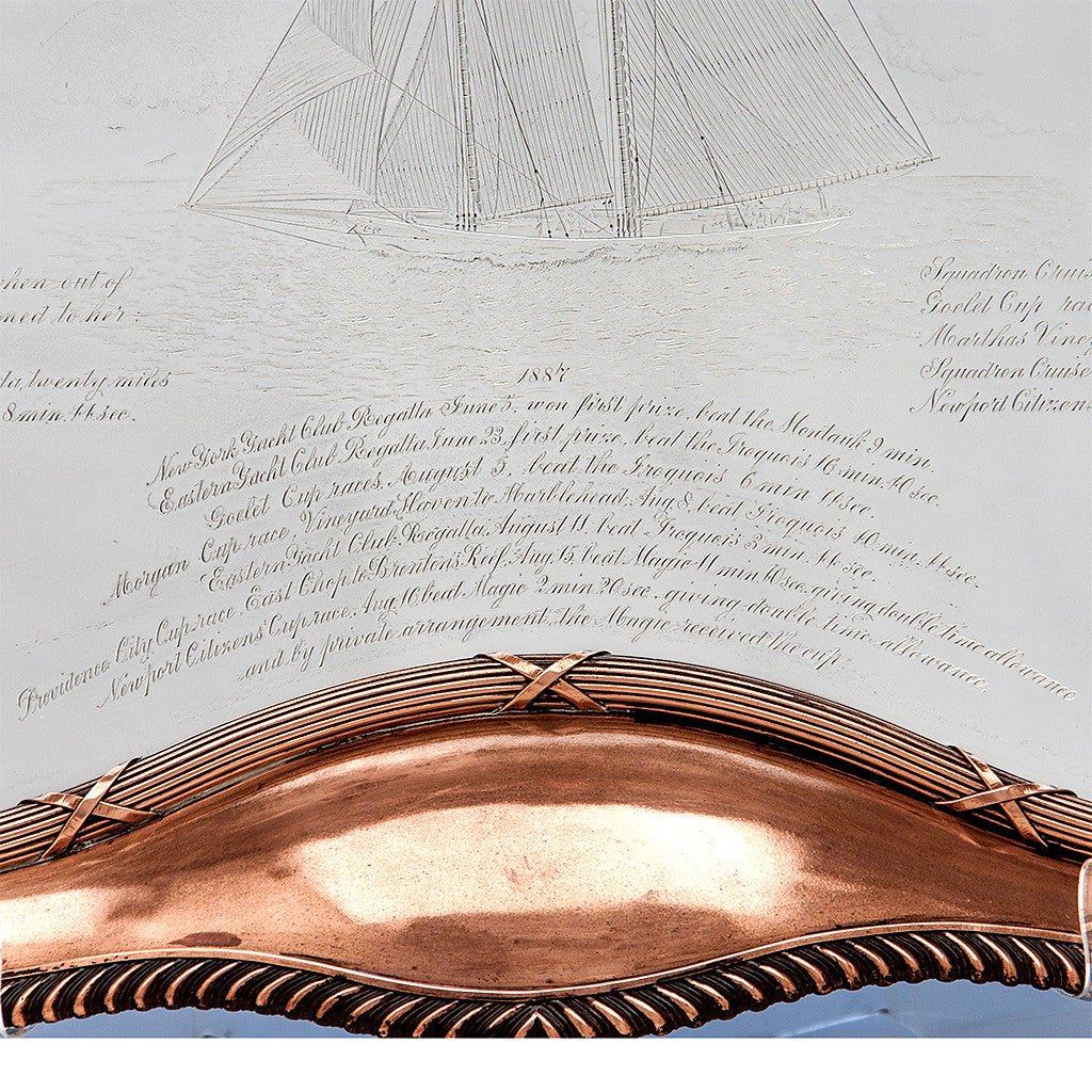 Engraving on Gorham Special Order Sterling and Mixed Metals Yacht Commemorative 'Fancy Waiter' or Tray, Providence, RI, 1889 - Record of the Sachem