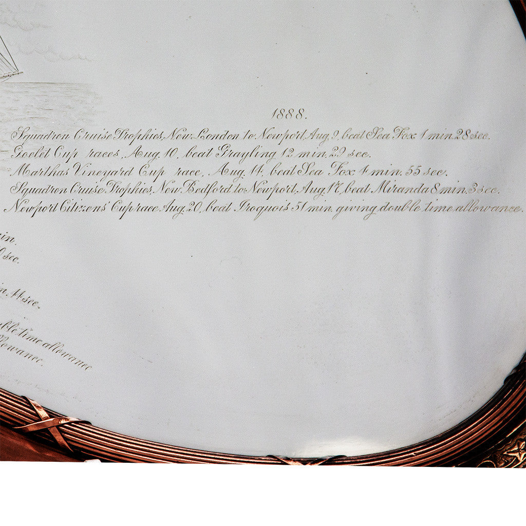 Engraving on Gorham Special Order Sterling and Mixed Metals Yacht Commemorative 'Fancy Waiter' or Tray, Providence, RI, 1889 - Record of the Sachem
